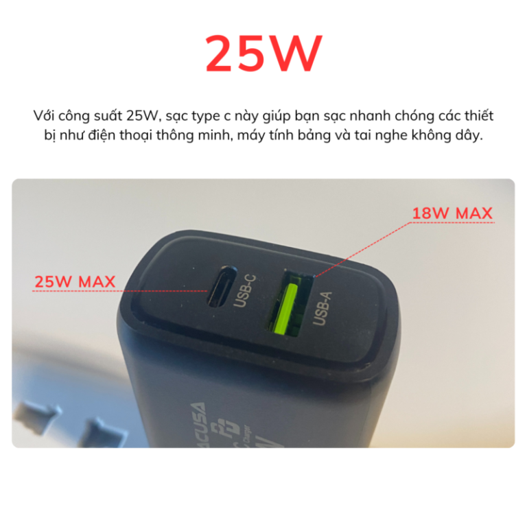 Củ sạc nhanh cho điện thoại PD 25W VINACUSA V2511B quick charger USB type C 2 cổng ra đa năng - Ảnh 2