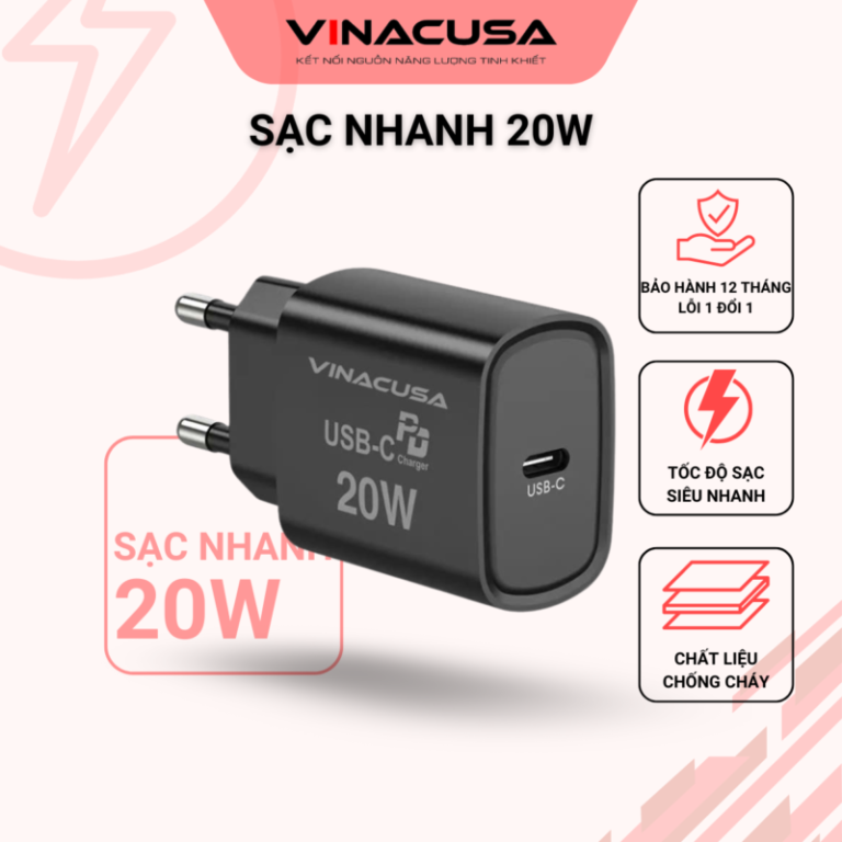 Củ sạc nhanh cho điện thoại iPhone Samsung Mi Oppo Vivo… 20W VINACUSA V2001B PD quick charger USB type C - Ảnh 3