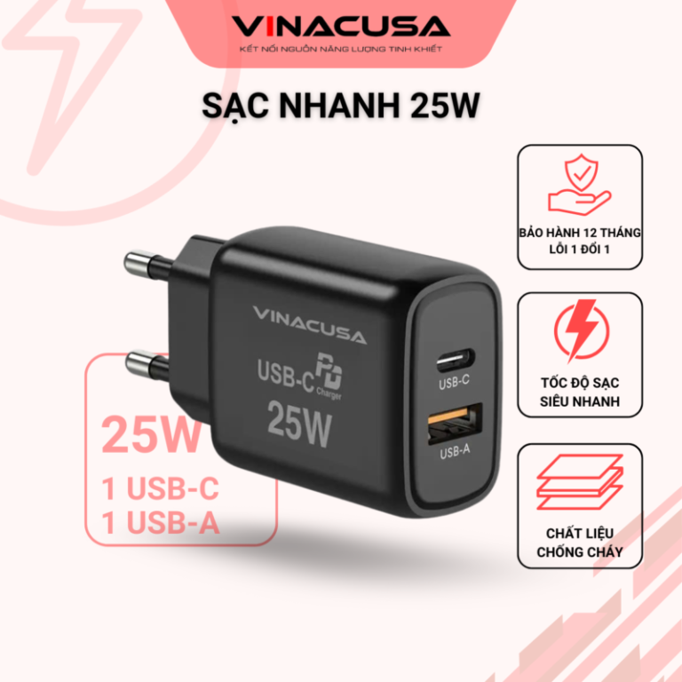 Củ sạc nhanh cho điện thoại PD 25W VINACUSA V2511B quick charger USB type C 2 cổng ra đa năng - Ảnh 3