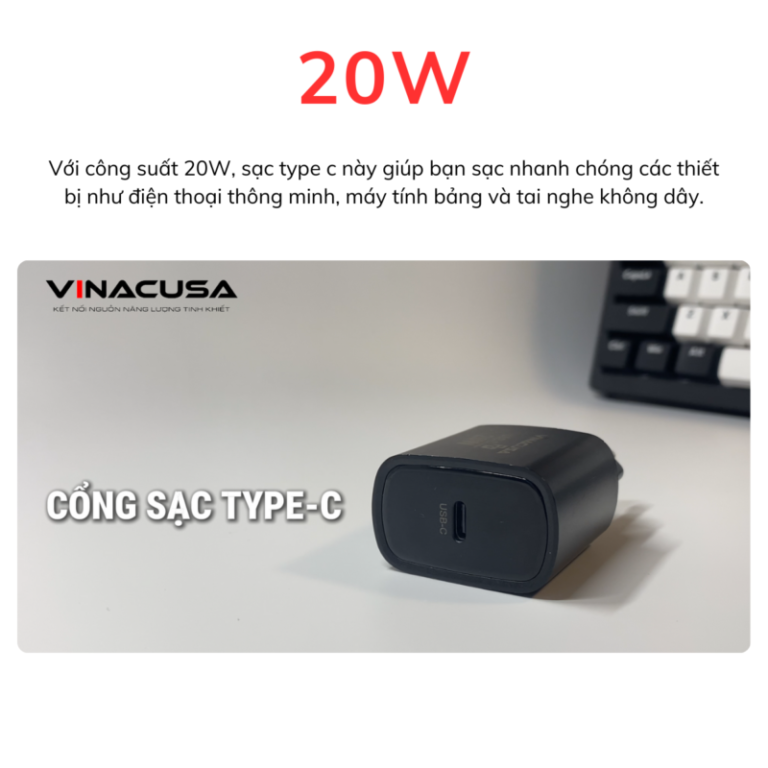 Củ sạc nhanh cho điện thoại iPhone Samsung Mi Oppo Vivo… 20W VINACUSA V2001B PD quick charger USB type C - Ảnh 2