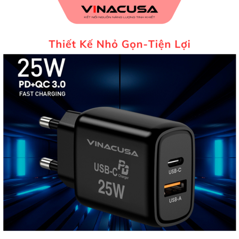 Củ sạc nhanh cho điện thoại PD 25W VINACUSA V2511B quick charger USB type C 2 cổng ra đa năng - Ảnh 8