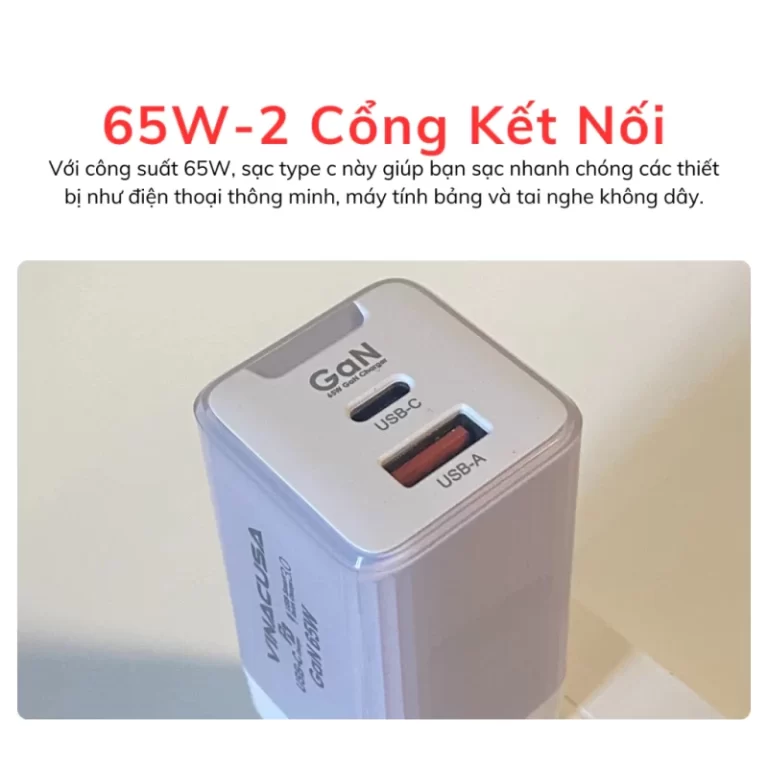 Sạc nhanh cho laptop macbook 65W PD GaN VINACUSA V6511L Super fast charger Type C USB-A USB-C - Ảnh 8