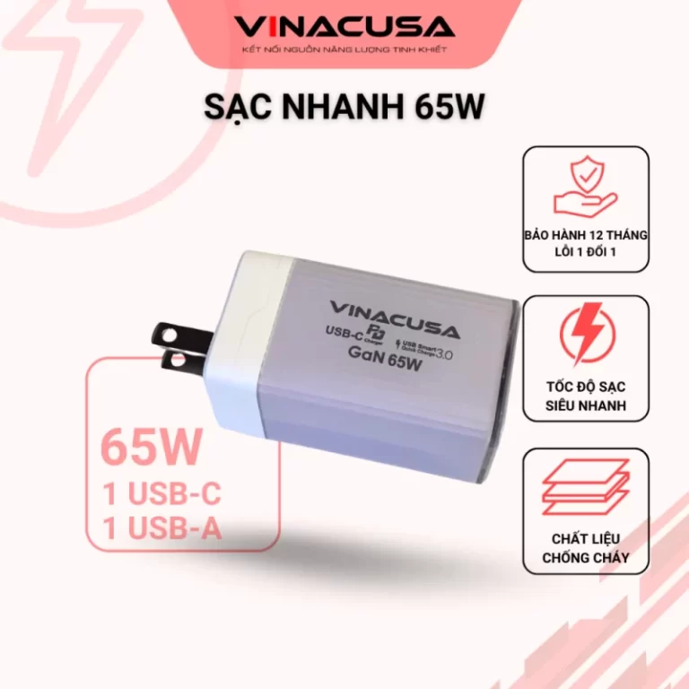 Sạc nhanh cho laptop macbook 65W PD GaN VINACUSA V6511L Super fast charger Type C USB-A USB-C - Ảnh 10